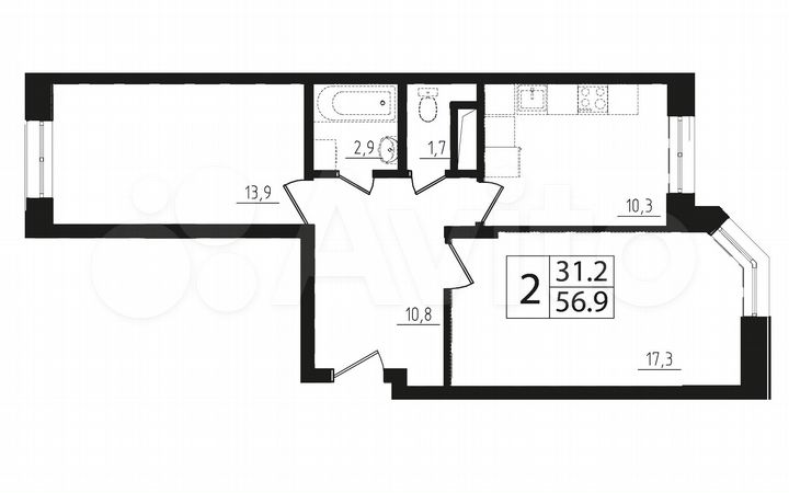 2-к. квартира, 58,8 м², 3/17 эт.
