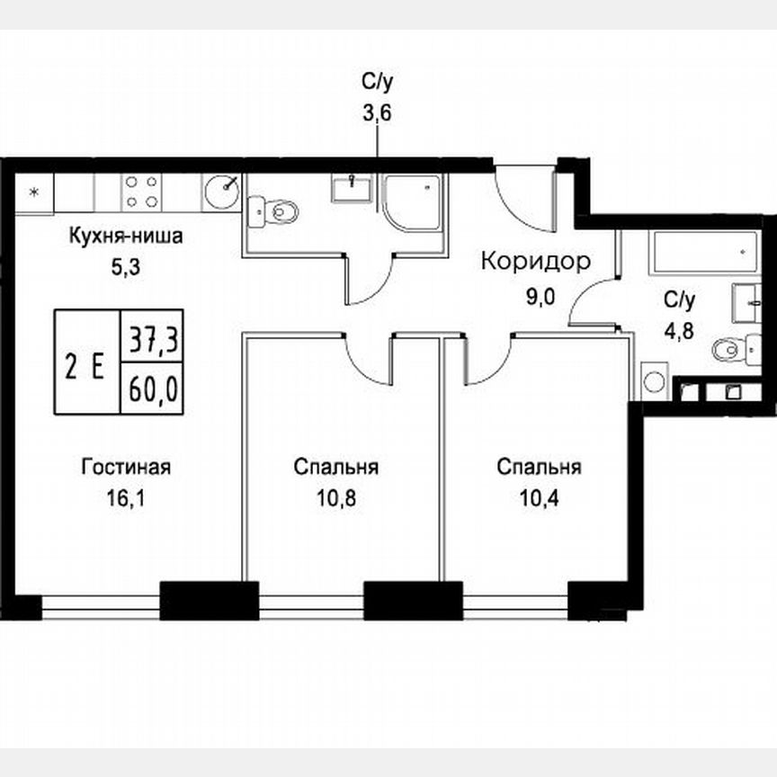 2-к. апартаменты, 60 м², 21/30 эт.
