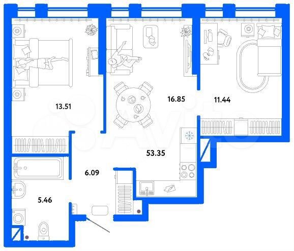 2-к. квартира, 53,4 м², 3/15 эт.