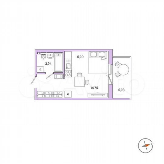 1-к. квартира, 25,2 м², 8/9 эт.