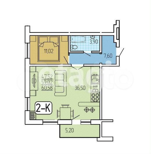 2-к. квартира, 59,3 м², 7/16 эт.
