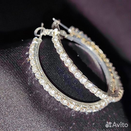 Серьги кольца с фианитами, диаметр 4,5 см