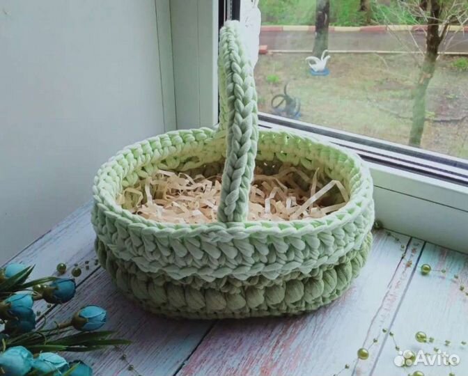 Корзина вязаная из пряжи, на пасху