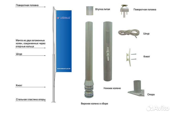 Флагшток 6 метров, комплект с флагом РФ 90х135