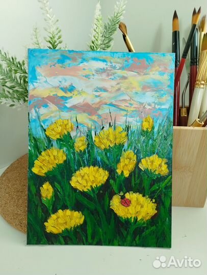 Картина одуванчики маслом цветы 15 на 20 см