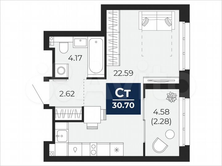 Квартира-студия, 30,7 м², 3/22 эт.