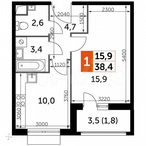 1-к. квартира, 38,4 м², 2/16 эт.