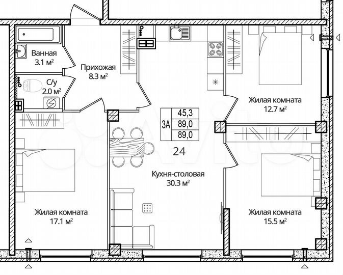 3-к. квартира, 89 м², 5/16 эт.