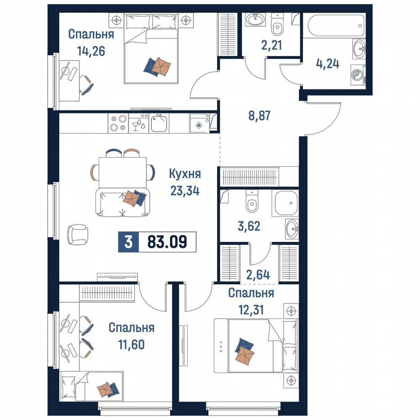3-к. квартира, 83,1 м², 2/18 эт.