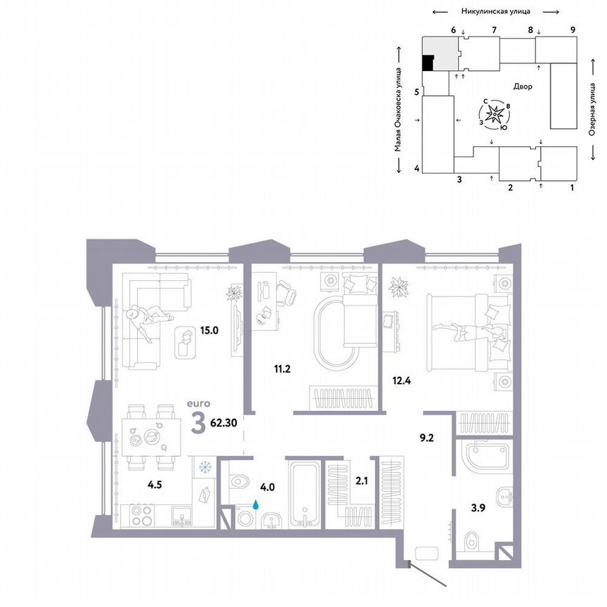 2-к. квартира, 62,3 м², 28/30 эт.
