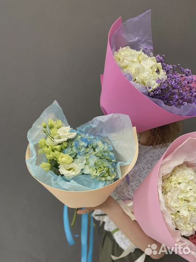 Дуо букет из Гортензии с Гипсофилой в фоамиране