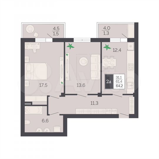 2-к. квартира, 64,2 м², 4/8 эт.