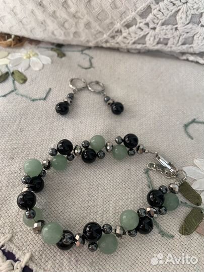 Браслет, Серьги, агат / гематит