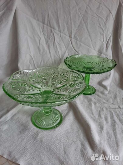Ваза для фруктов СССР зеленое стекло неман