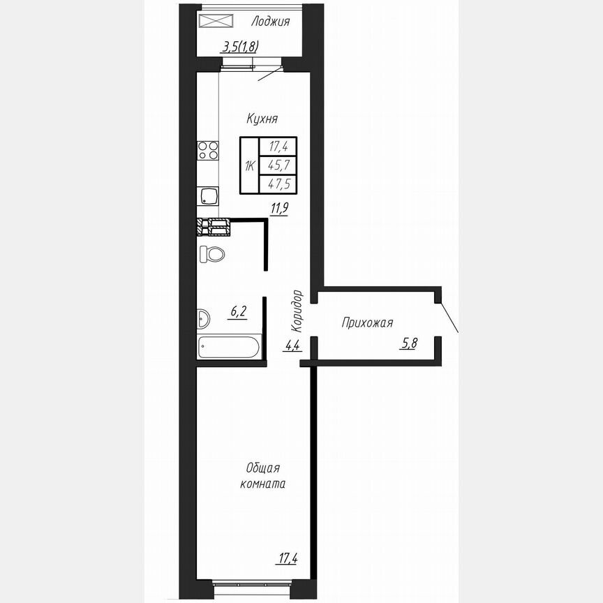 1-к. квартира, 47,5 м², 1/17 эт.