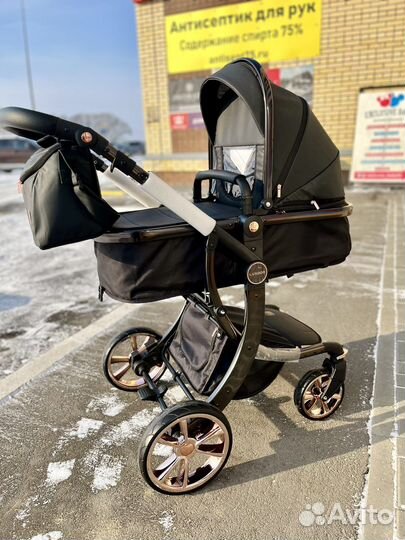 Коляска для новорождённого 2 в 1 экокожа черная