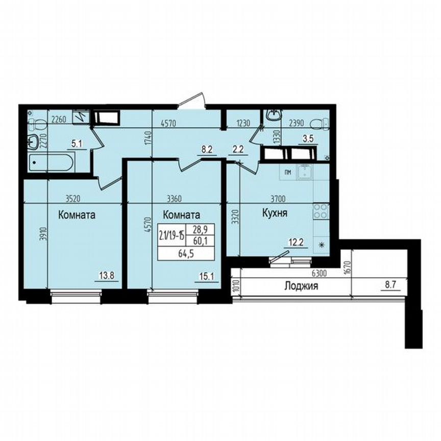 2-к. квартира, 64,5 м², 15/23 эт.