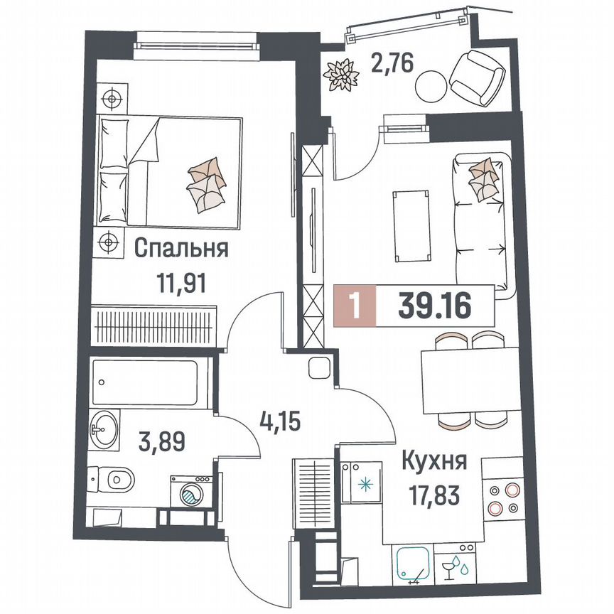 1-к. квартира, 39,2 м², 14/18 эт.