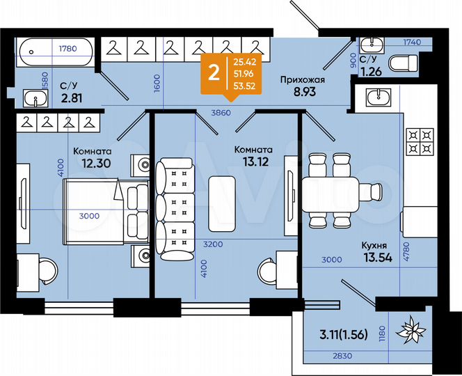 2-к. квартира, 52,6 м², 9/9 эт.
