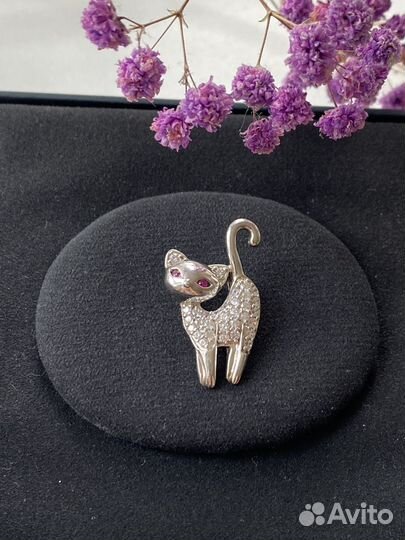 Кулон подвеска или брошка Кошка серебро