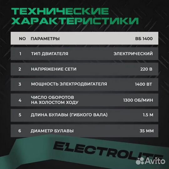 Вибратор для бетона electrolite вб 1400 (1400Вт, 2