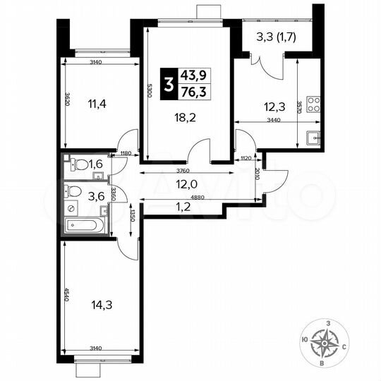 3-к. квартира, 76,3 м², 24/24 эт.