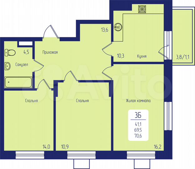 3-к. квартира, 70,6 м², 7/17 эт.