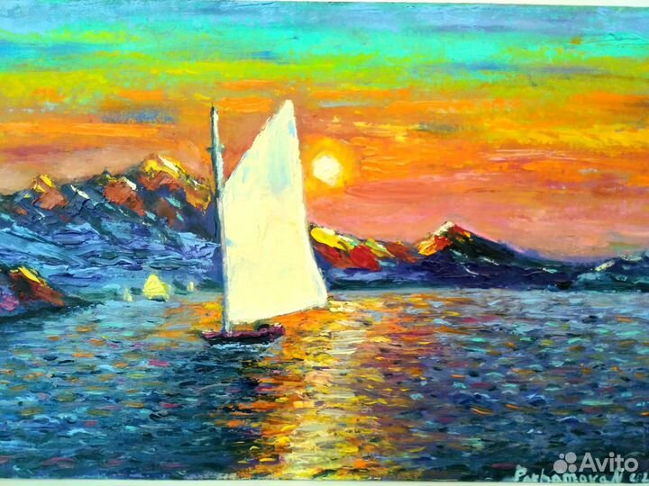 Картина картон,масло, морской пейзаж,парусник