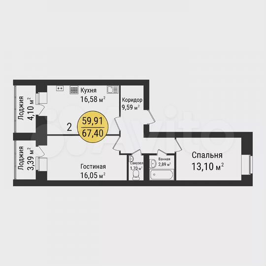 2-к. квартира, 67,4 м², 7/9 эт.