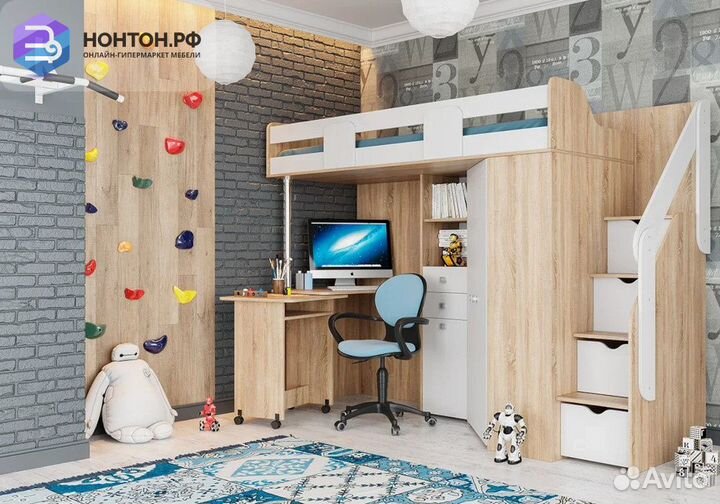 Кровать-чердак Мийа А дуб сонома светлый / белая ш