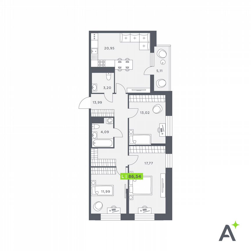 3-к. квартира, 86,5 м², 3/12 эт.