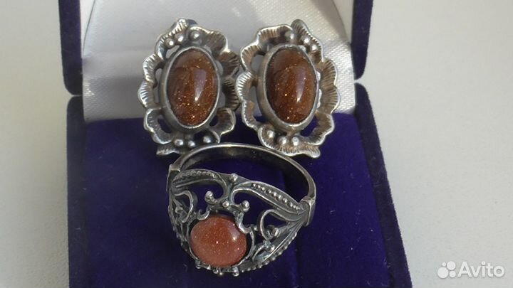 Cерьги и кольцо серебро авантюрин СССР