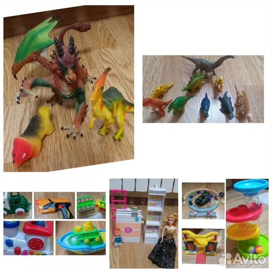 Игрушки, касса, паровозик, динозавры