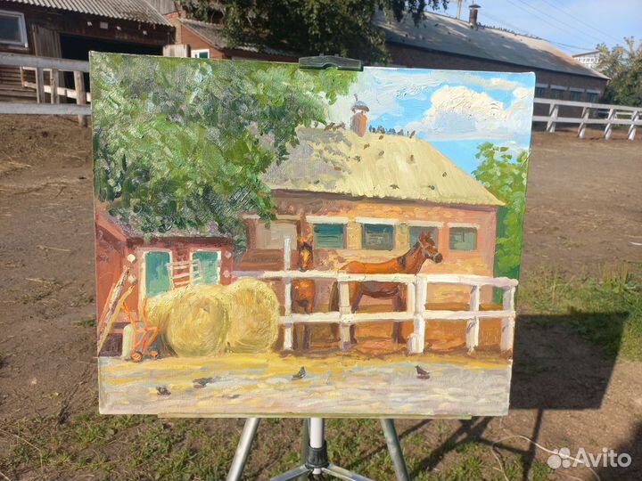 Картина маслом пейзаж на конюшне