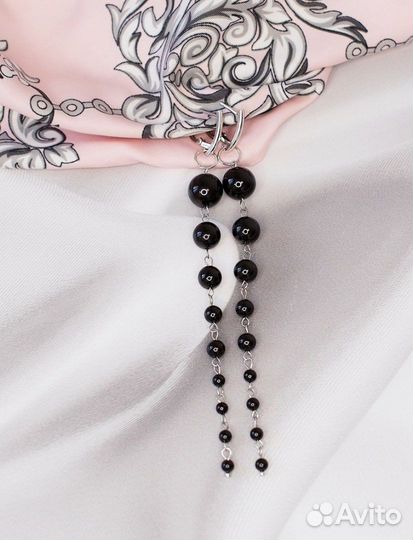 Серьги длинные серебро натуральный черный агат