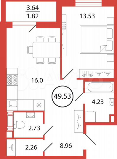 1-к. квартира, 49,5 м², 7/12 эт.