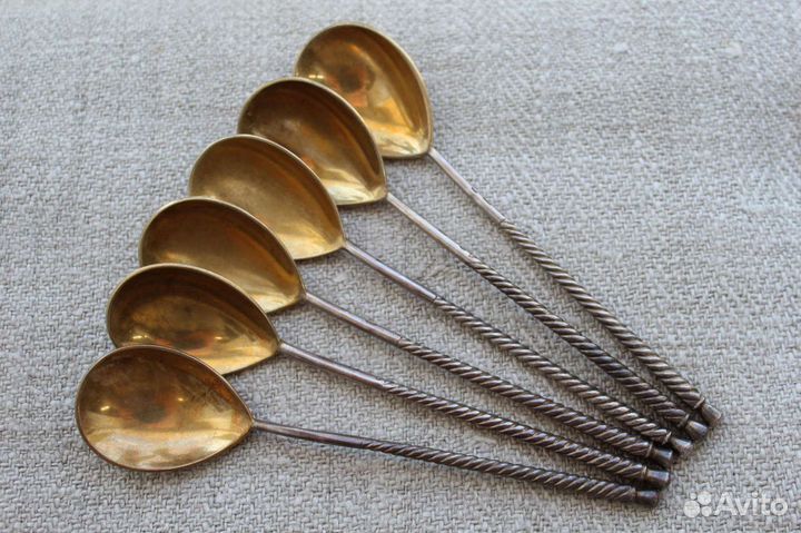 Ложки чайные серебро 875пр. Витые, позолота