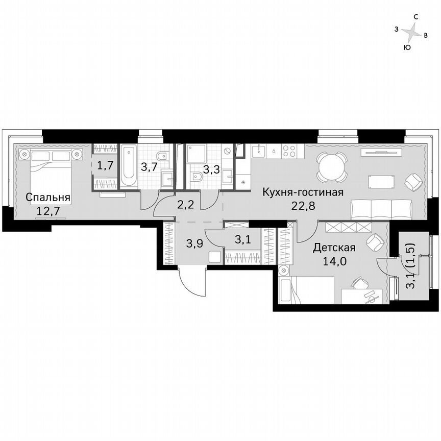 2-к. квартира, 69,6 м², 12/12 эт.