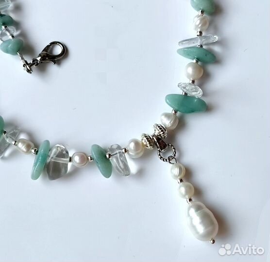 Колье из натурального жемчуга, амазонита и хрустал