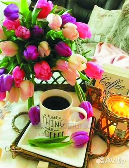 Алмазная мозаика 40x50 Кофе и букет разноцветных т