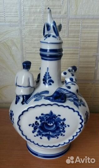 Штоф гжель охотники на привале авторский 23,5 см