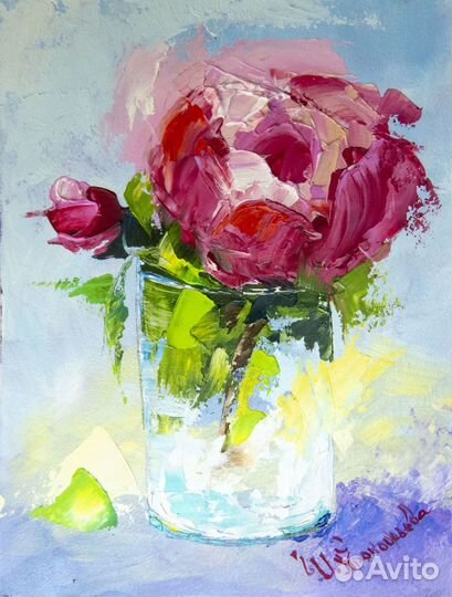 Картина маслом розы в стеклянной вазе