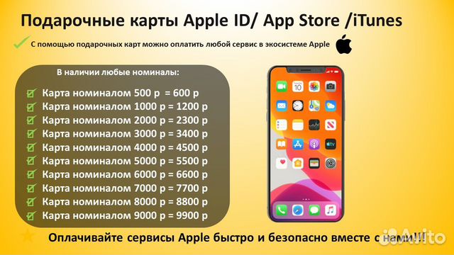 Подарочные карты оплаты Apple store/iTunes/AppleID
