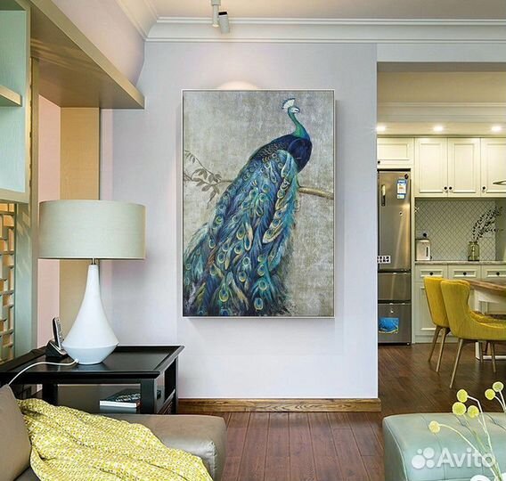 Синяя Картина маслом с павлином. Павлин