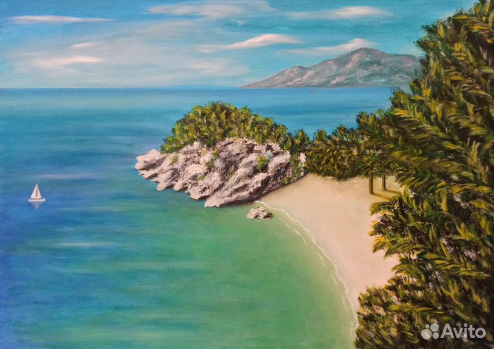 Картина маслом. Море, пляж, скала, яхта