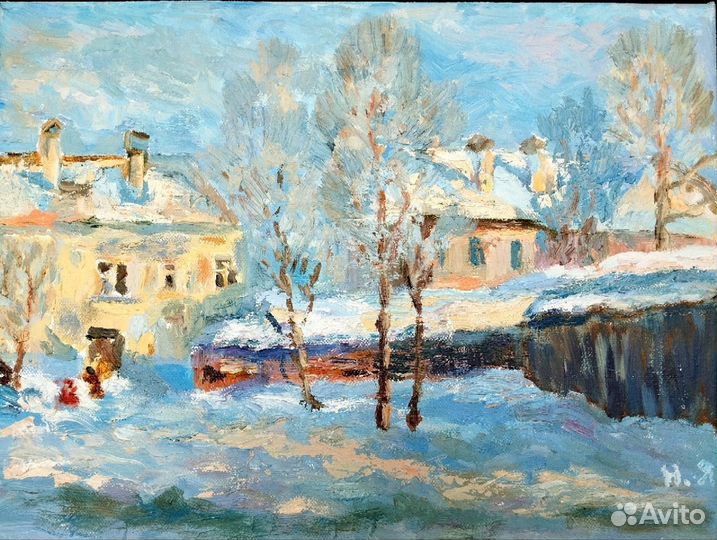 Картина маслом городской пейзаж, зимний дворик