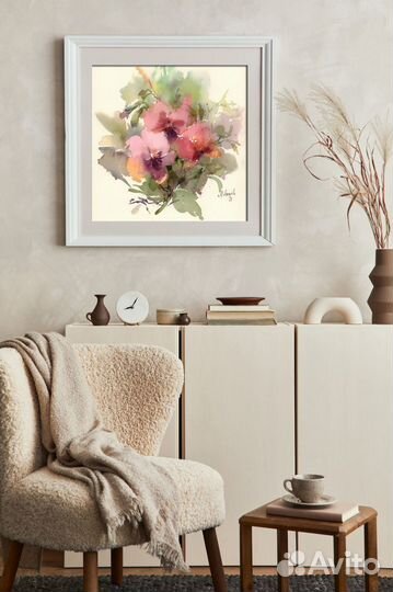 Акварель - Постер. Анютины глазки. 21х21см