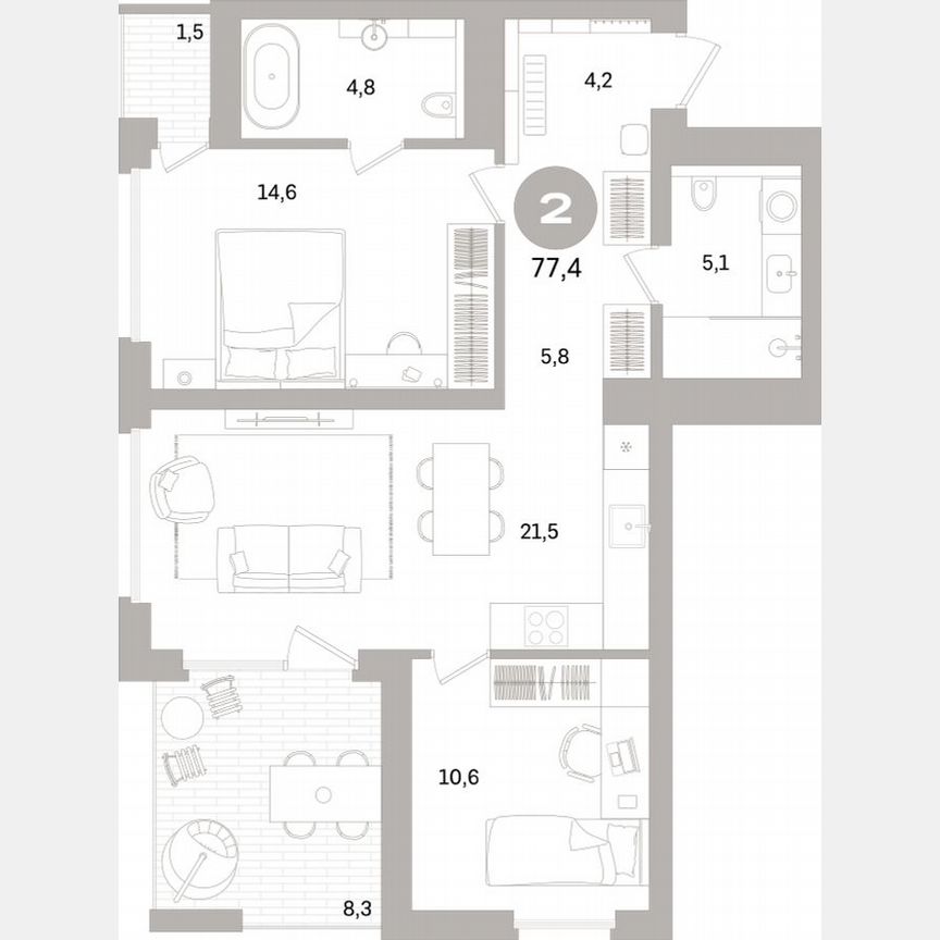 2-к. квартира, 75,8 м², 3/15 эт.