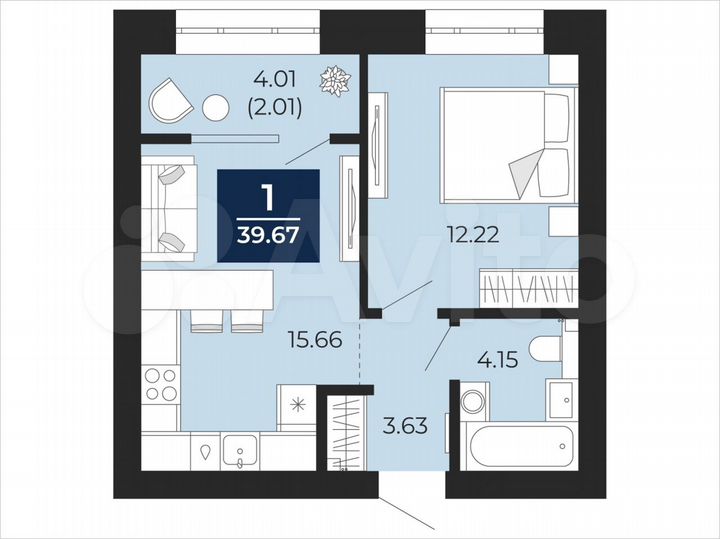 1-к. квартира, 39,7 м², 2/12 эт.