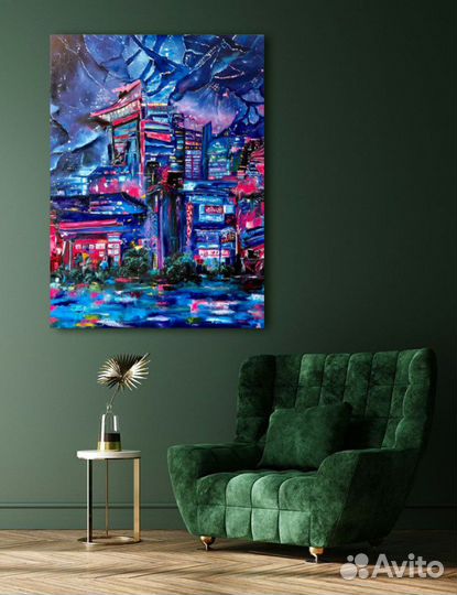 Большая интерьерная Картина маслом Неоновый город